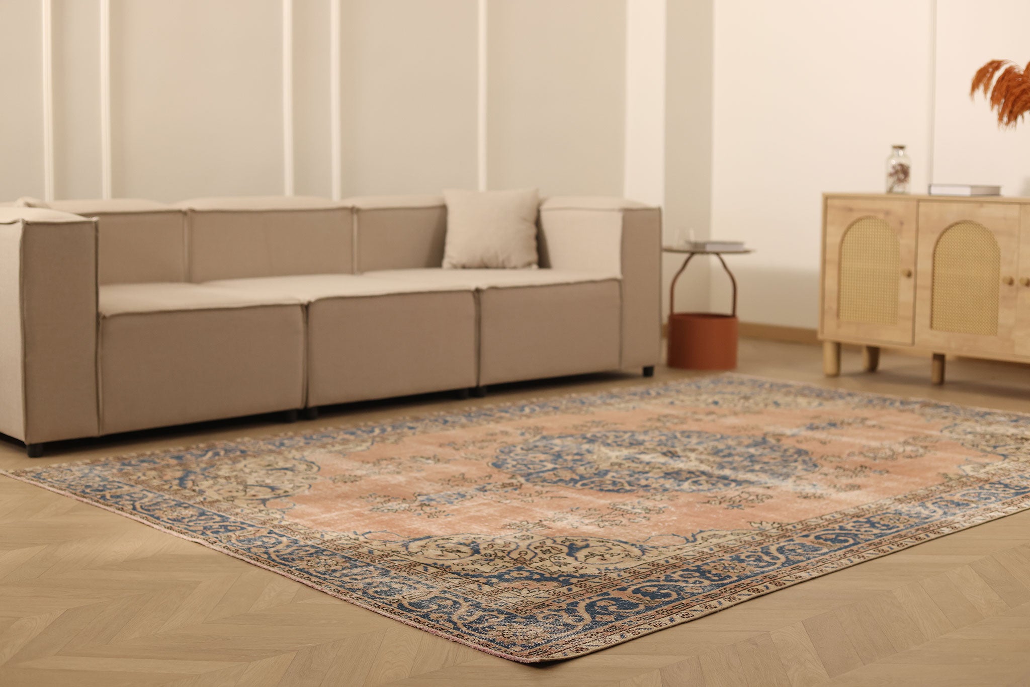 Vintage Isparta Turkish Area Rug 7x10 ft — Pink & Blue Floral