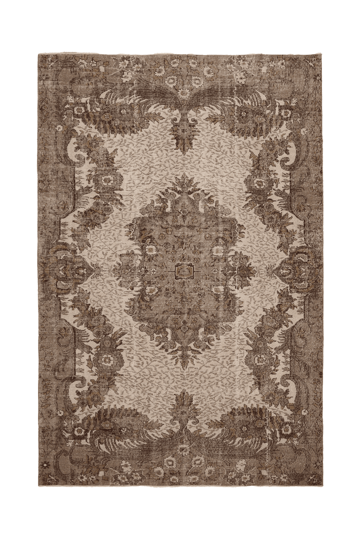 Vintage Isparta Turkish Area Rug 7x10 ft — Beige & Brown Floral