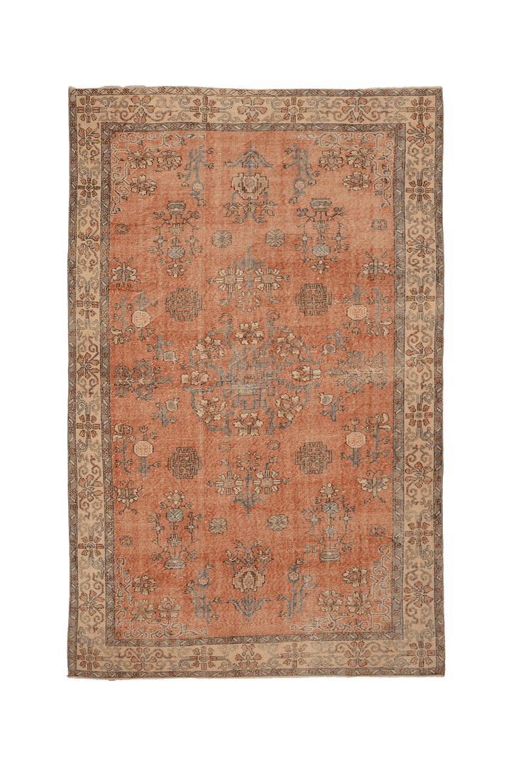 Vintage Isparta Turkish Area Rug 6x10 ft — Orange & Beige Floral