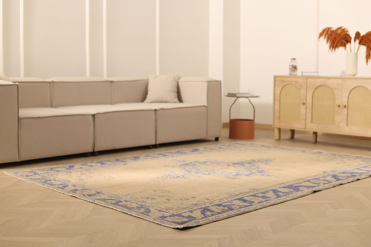Vintage Manisa Turkish Area Rug 7x9 ft — Beige & Blue Floral