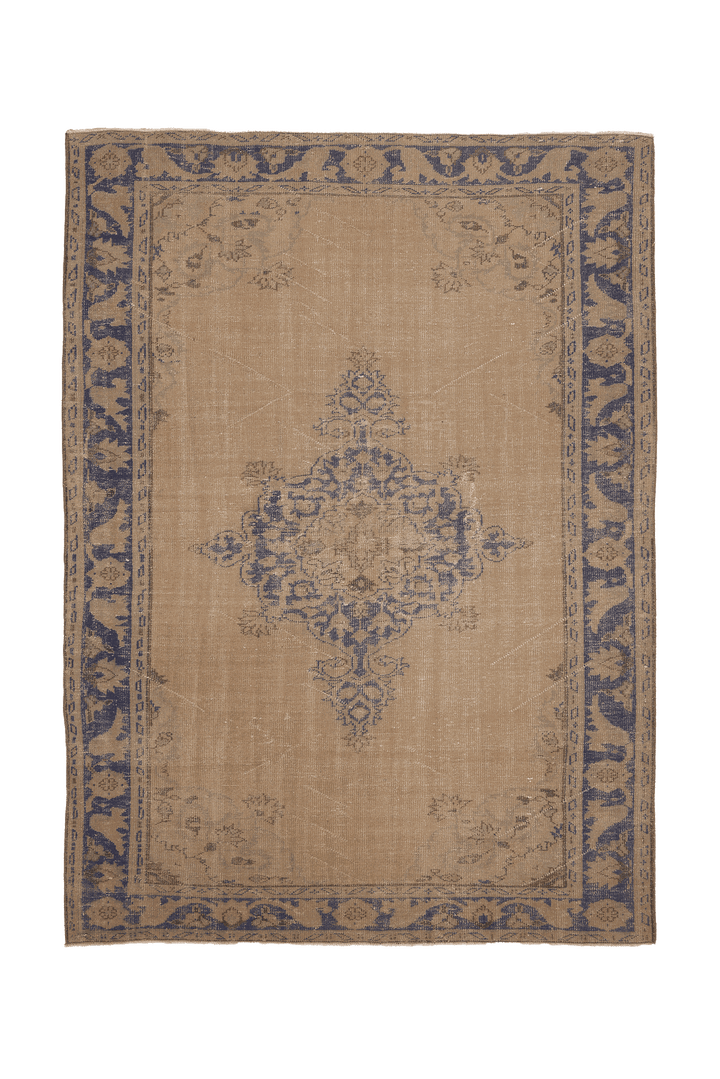 Vintage Manisa Turkish Area Rug 7x9 ft — Beige & Blue Floral