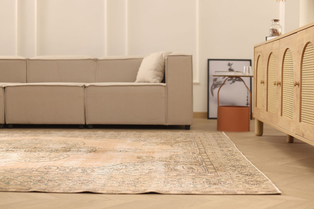 Vintage Isparta Turkish Area Rug 7x10 ft — Beige & Brown Floral