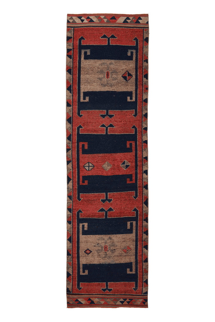 Vintage Southeastern Persian Style Runner Rug 3x11 ft — Red & Blue Geometric
