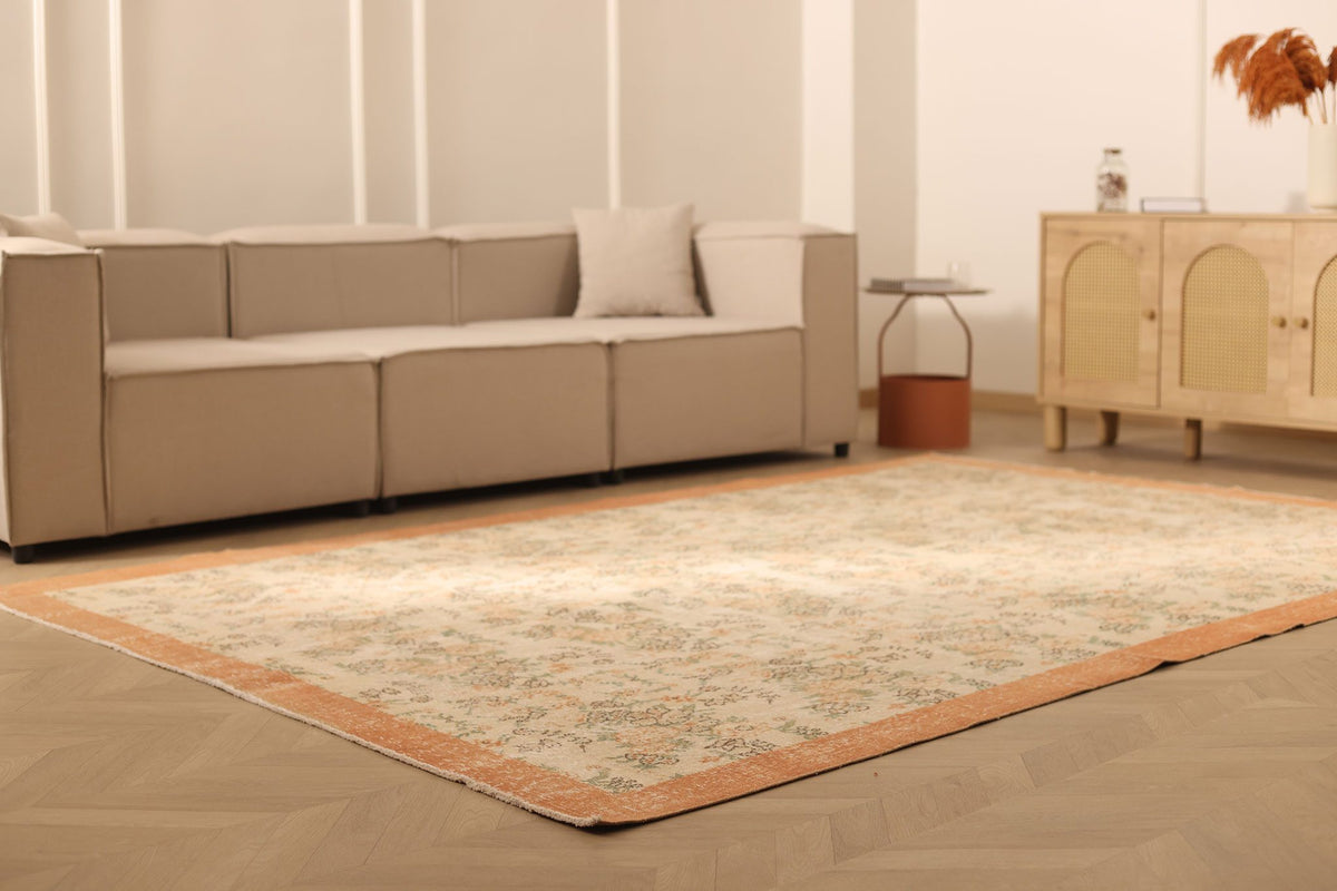 Vintage Isparta Turkish Area Rug 7x10 ft — Beige & Orange Floral