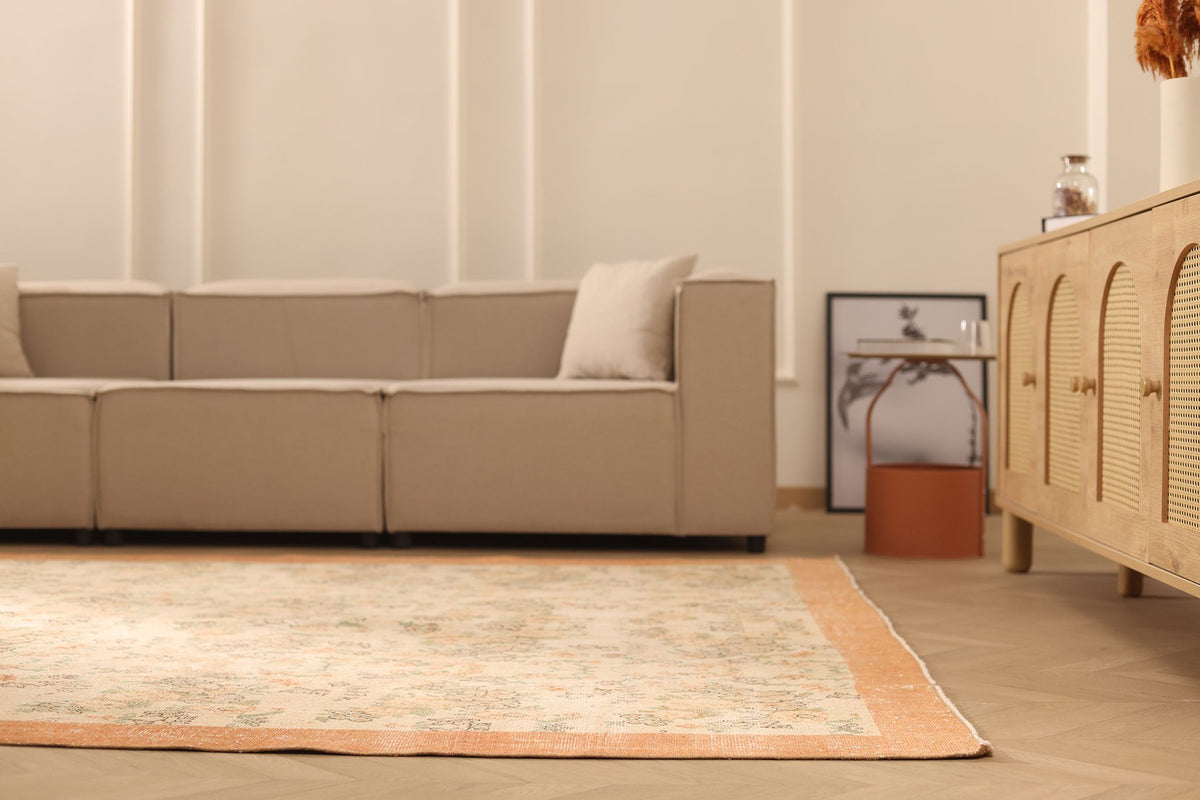 Vintage Isparta Turkish Area Rug 7x10 ft — Beige & Orange Floral