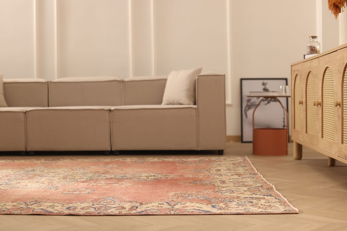 Vintage Isparta Turkish Area Rug 7x10 ft — Red & Beige Floral