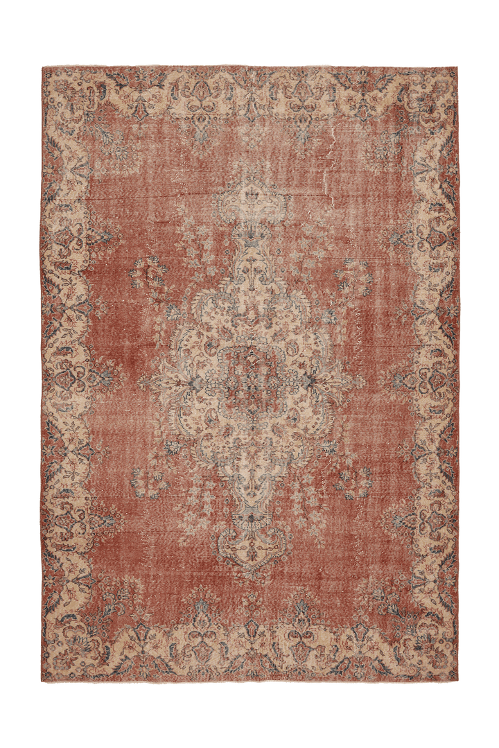 Vintage Isparta Turkish Area Rug 7x10 ft — Red & Beige Floral