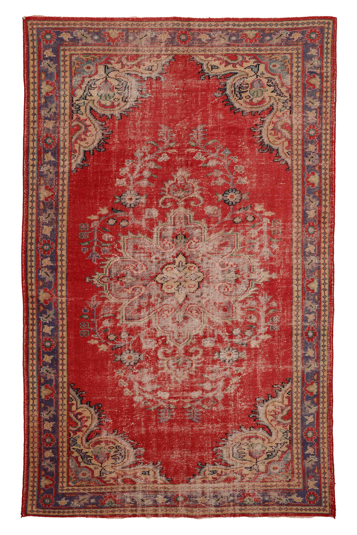 Vintage Manisa Turkish Area Rug 6x10 ft — Red & Blue Floral (No. 61535)