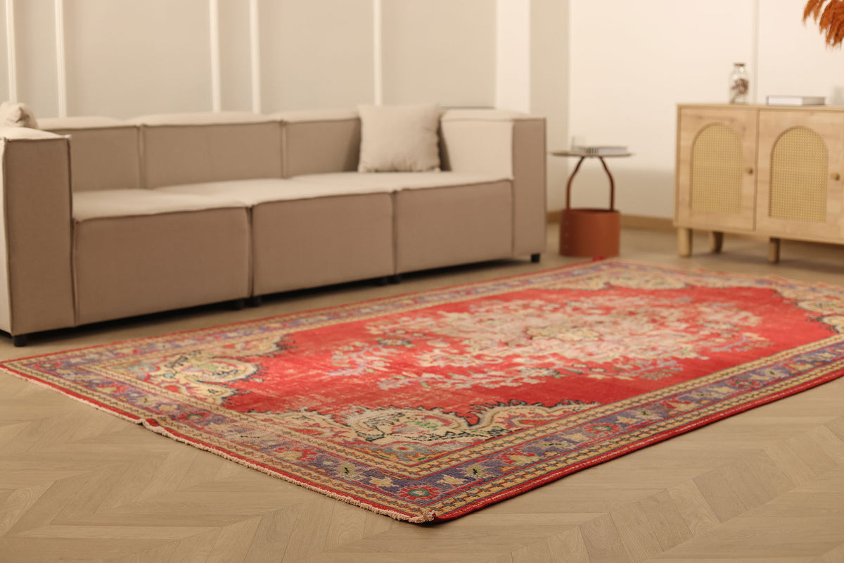 Vintage Manisa Turkish Area Rug 6x10 ft — Red & Blue Floral (No. 61535)