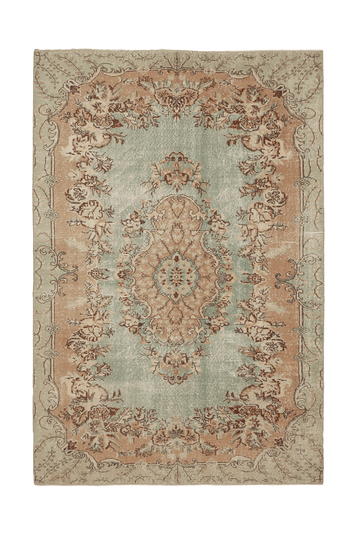 Vintage Isparta Turkish Area Rug 6x10 ft — Green & Beige Floral