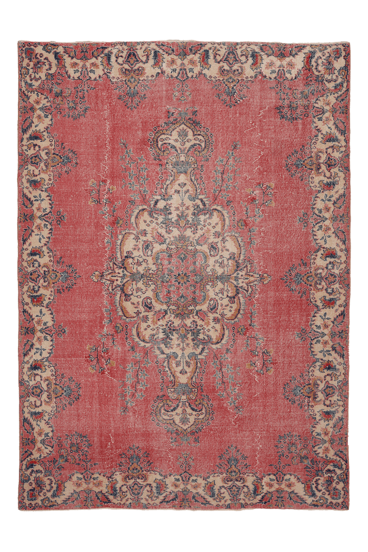 Vintage Isparta Turkish Area Rug 7x10 ft — Red & Beige Floral