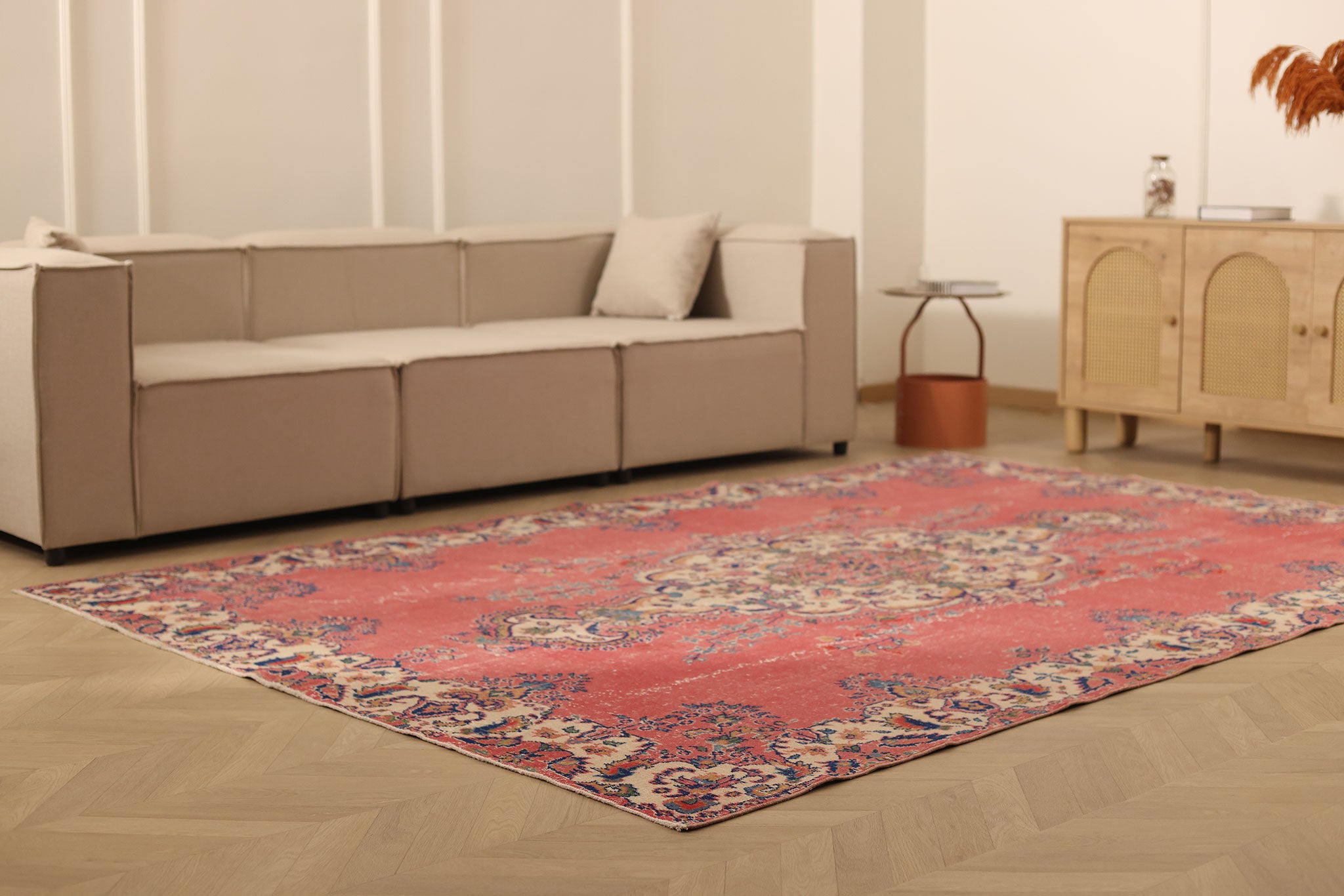 Vintage Isparta Turkish Area Rug 7x10 ft — Red & Beige Floral