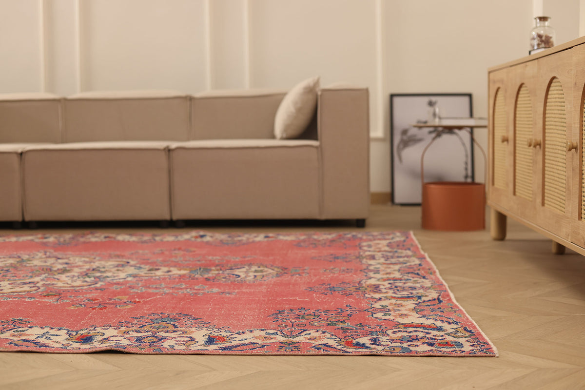Vintage Isparta Turkish Area Rug 7x10 ft — Red & Beige Floral