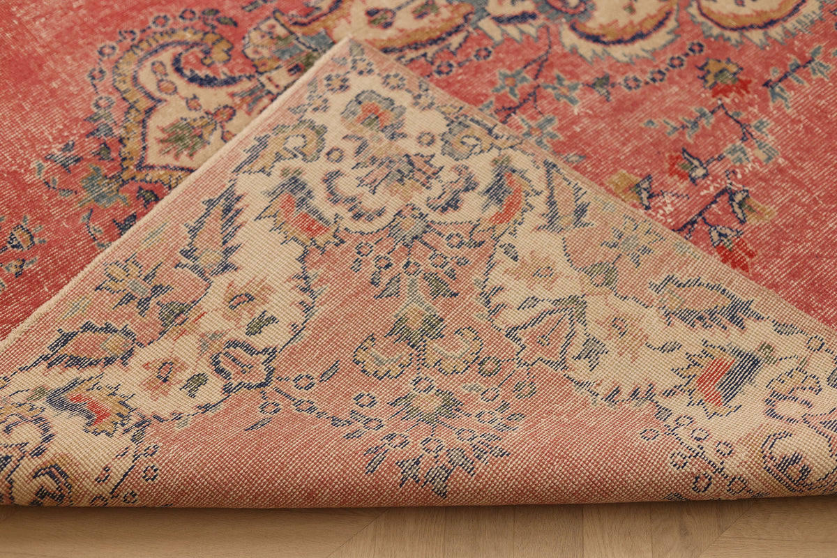 Vintage Isparta Turkish Area Rug 7x10 ft — Red & Beige Floral