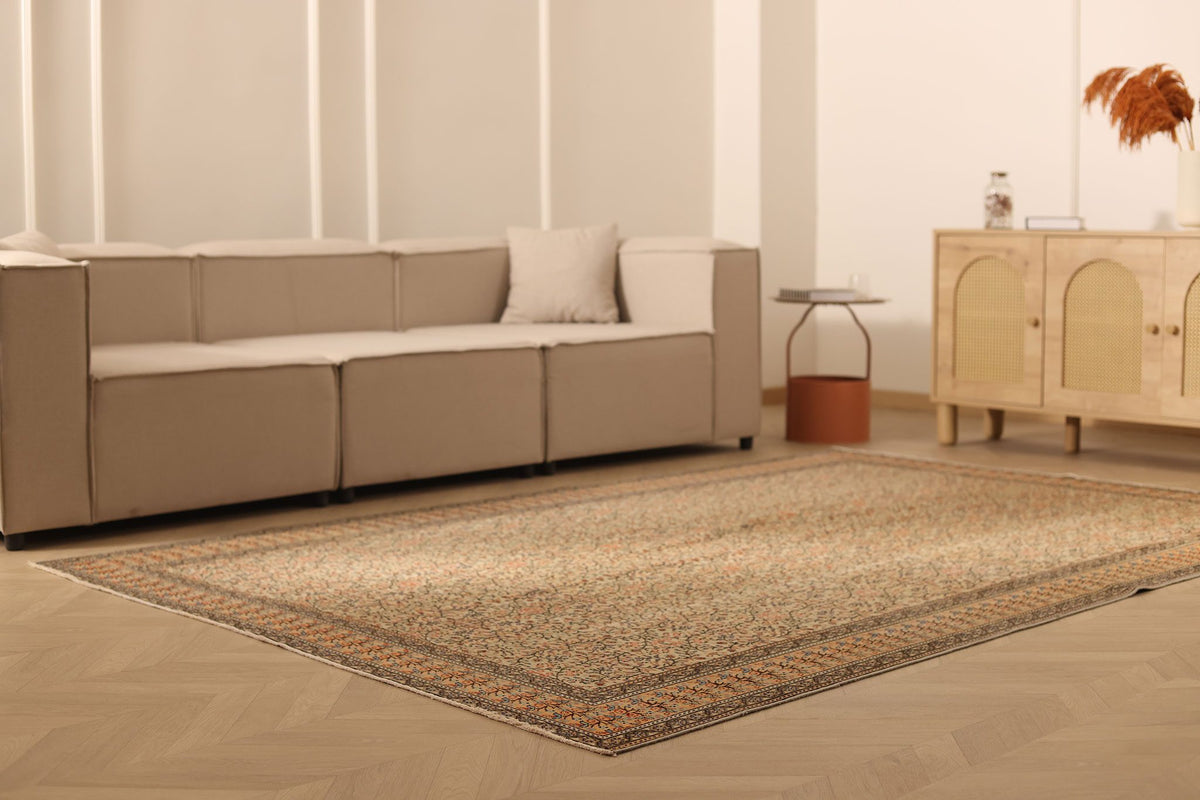 Vintage Kayseri Turkish Area Rug 7x10 ft — Beige & Brown Floral