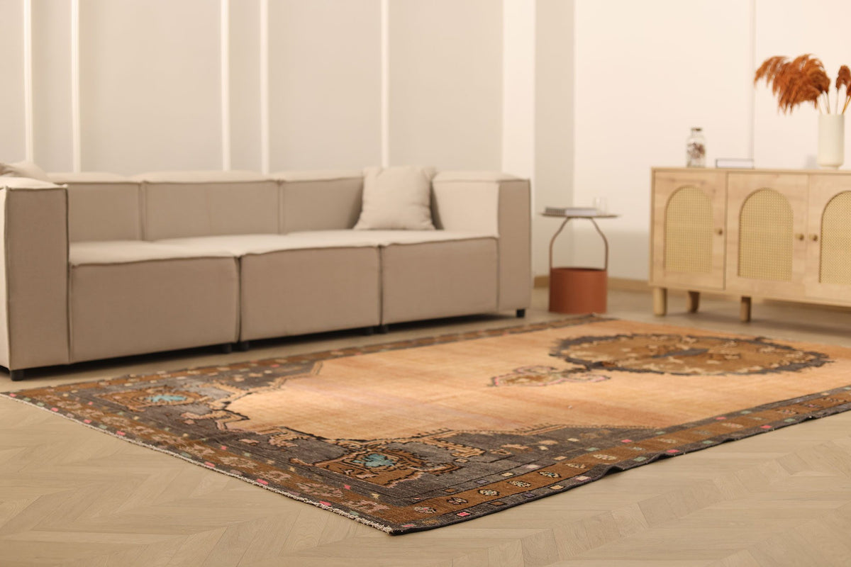 Vintage Sivas Turkish Area Rug 7x10 ft — Orange & Brown Distressed