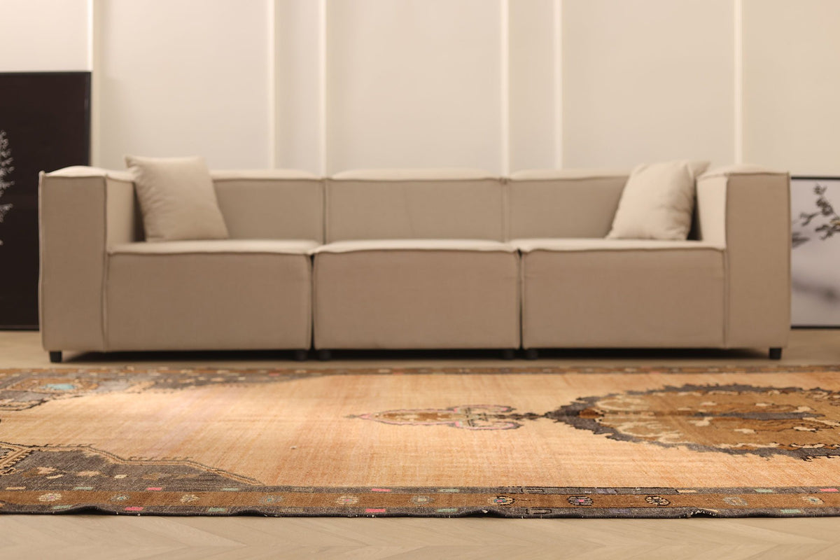 Vintage Sivas Turkish Area Rug 7x10 ft — Orange & Brown Distressed