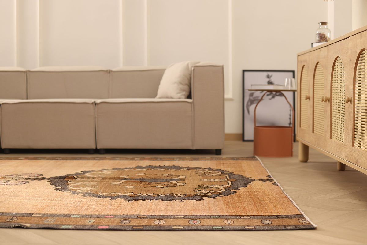 Vintage Sivas Turkish Area Rug 7x10 ft — Orange & Brown Distressed