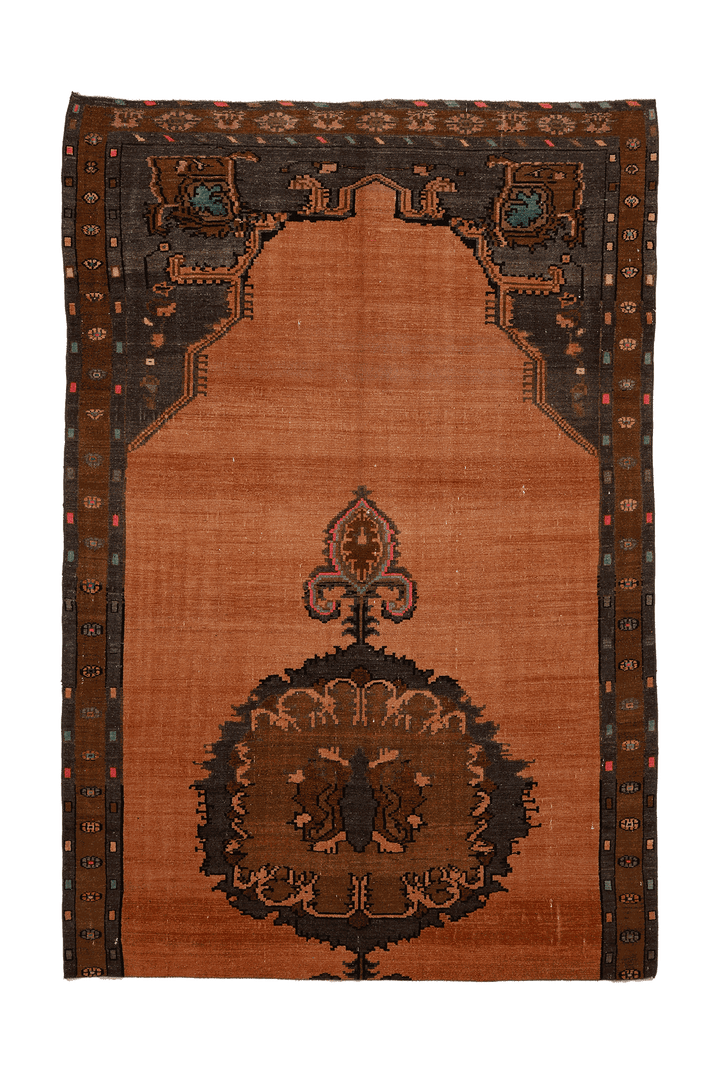 Vintage Sivas Turkish Area Rug 7x10 ft — Orange & Brown Distressed