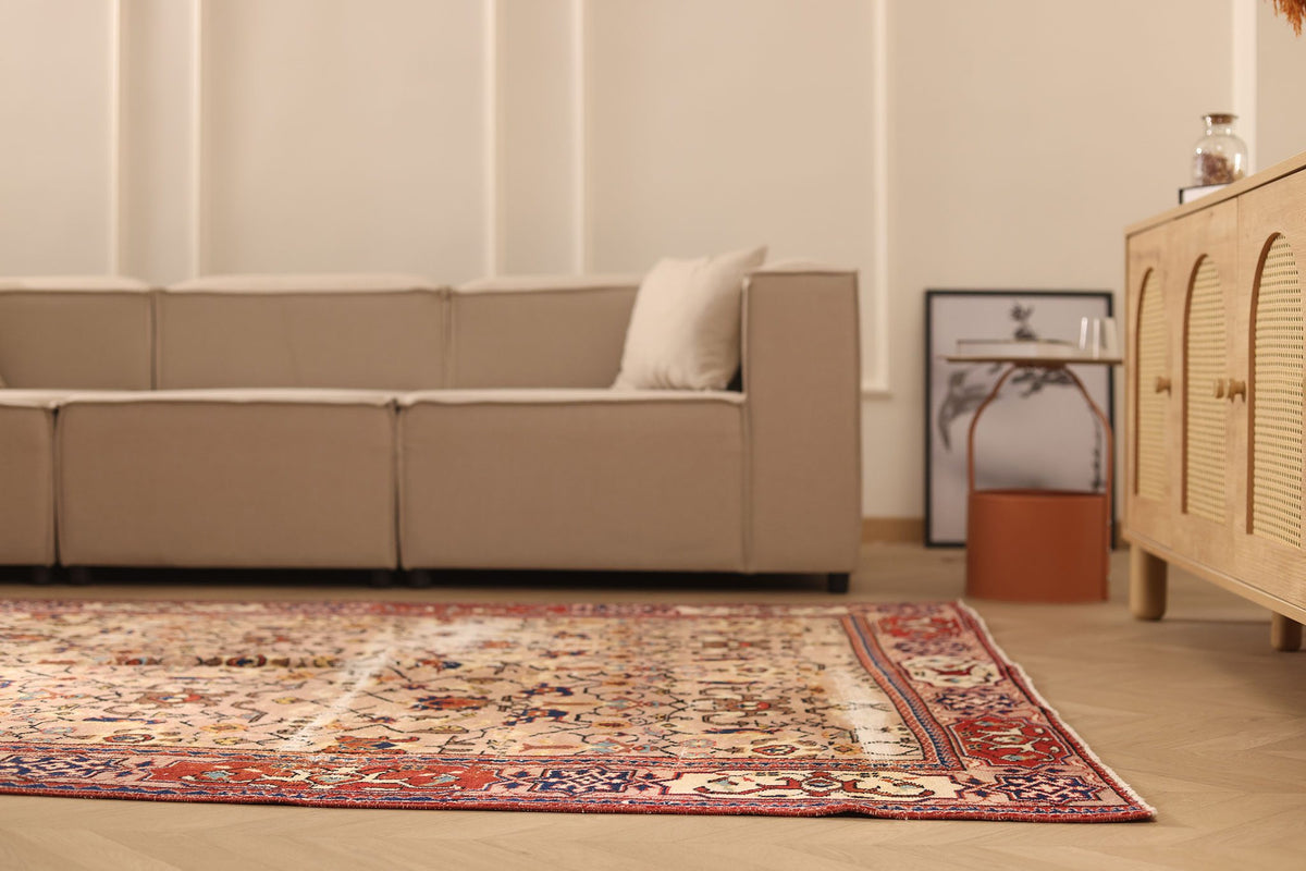 Vintage Isparta Turkish Area Rug 6x10 ft — Beige & Brown Geometric