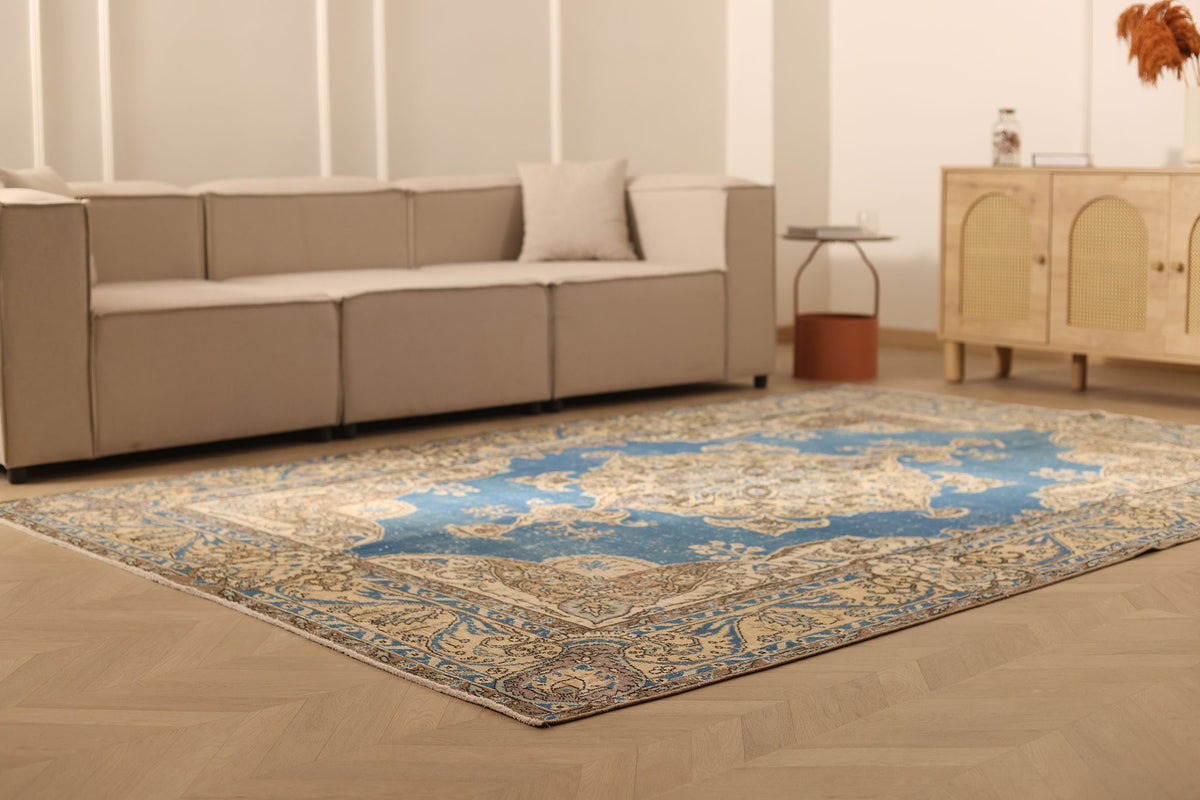 Vintage Isparta Turkish Area Rug 7x10 ft — Blue & Beige Floral