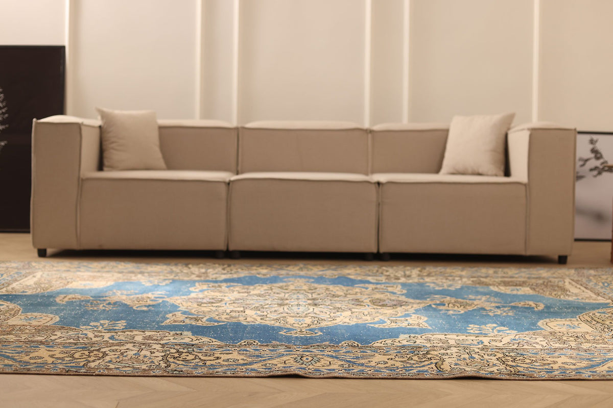 Vintage Isparta Turkish Area Rug 7x10 ft — Blue & Beige Floral