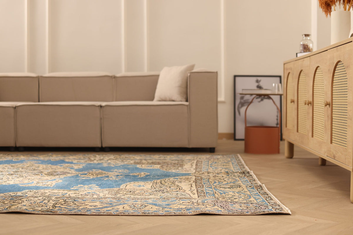 Vintage Isparta Turkish Area Rug 7x10 ft — Blue & Beige Floral