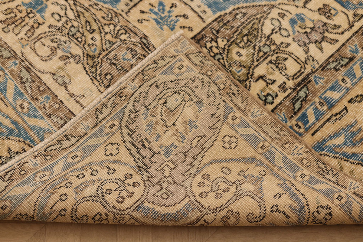 Vintage Isparta Turkish Area Rug 7x10 ft — Blue & Beige Floral
