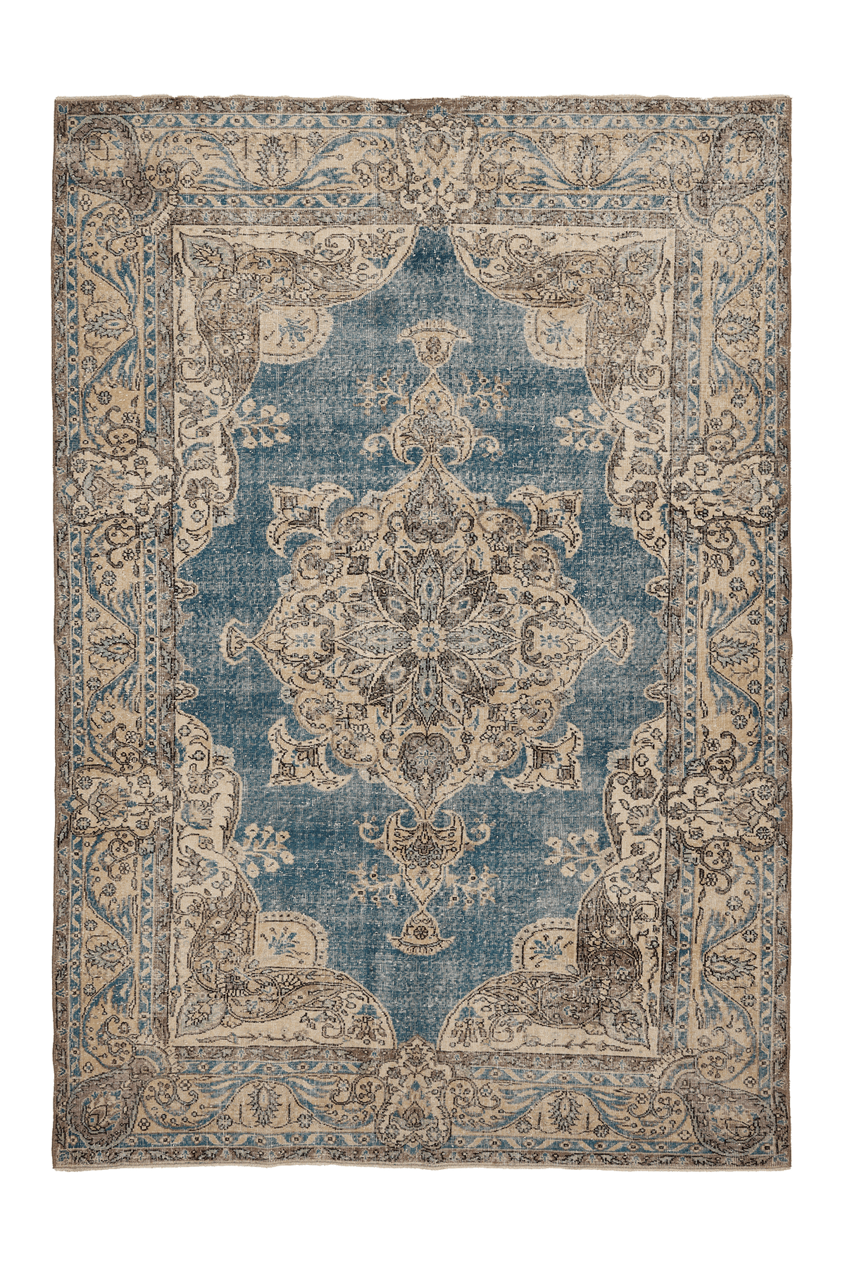 Vintage Isparta Turkish Area Rug 7x10 ft — Blue & Beige Floral