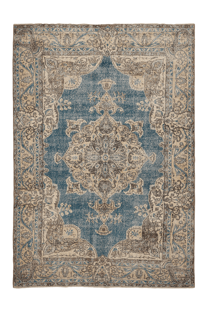 Vintage Isparta Turkish Area Rug 7x10 ft — Blue & Beige Floral