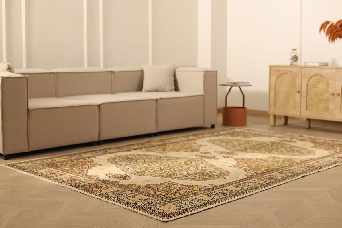 Vintage Isparta Turkish Area Rug 6x9 ft — Beige & Brown maximalist