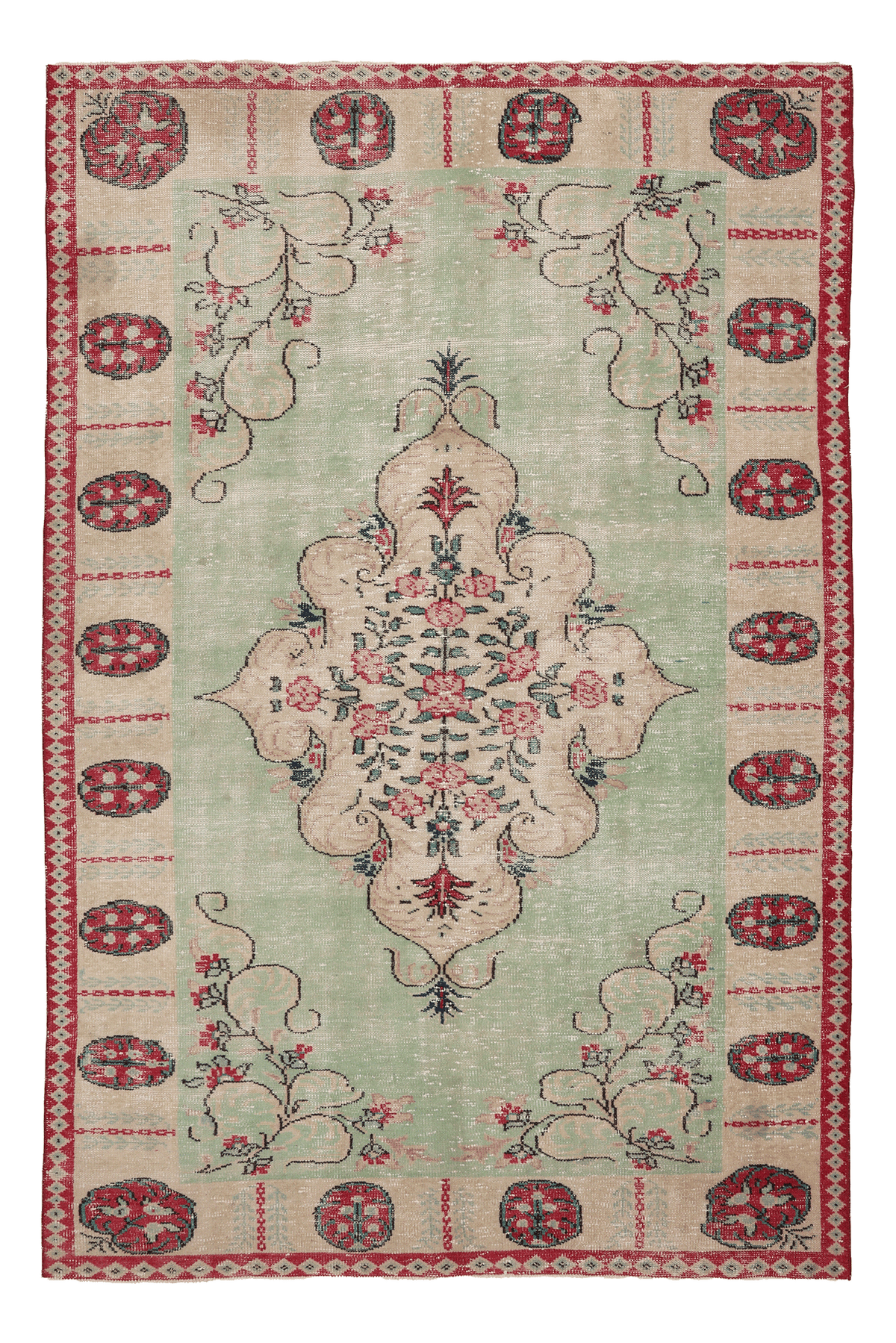 Vintage Manisa Turkish Area Rug 6x9 ft — Green & Beige Floral