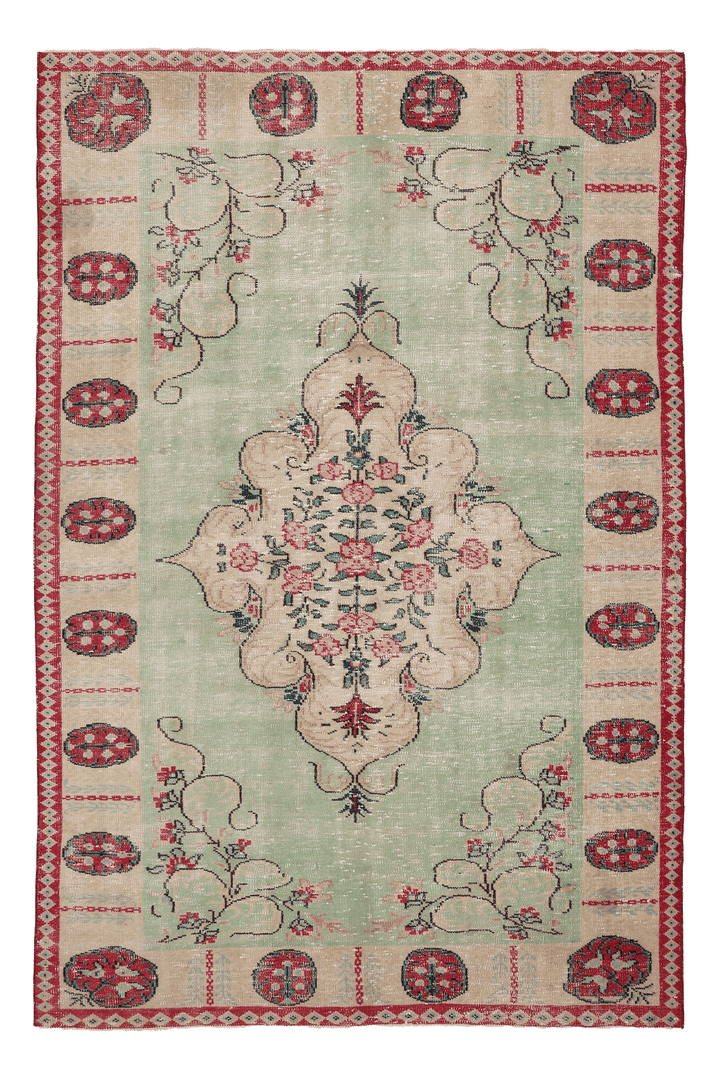 Vintage Manisa Turkish Area Rug 6x9 ft — Green & Beige Floral