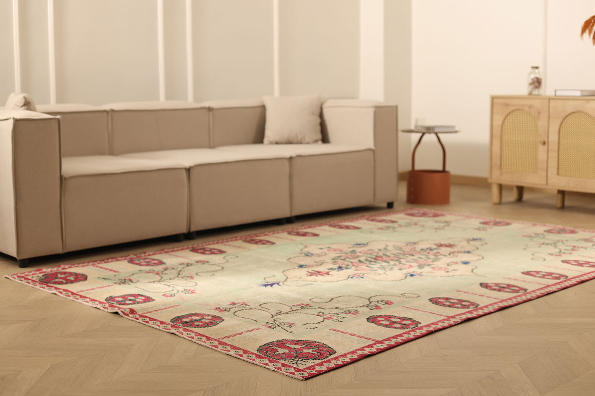 Vintage Manisa Turkish Area Rug 6x9 ft — Green & Beige Floral