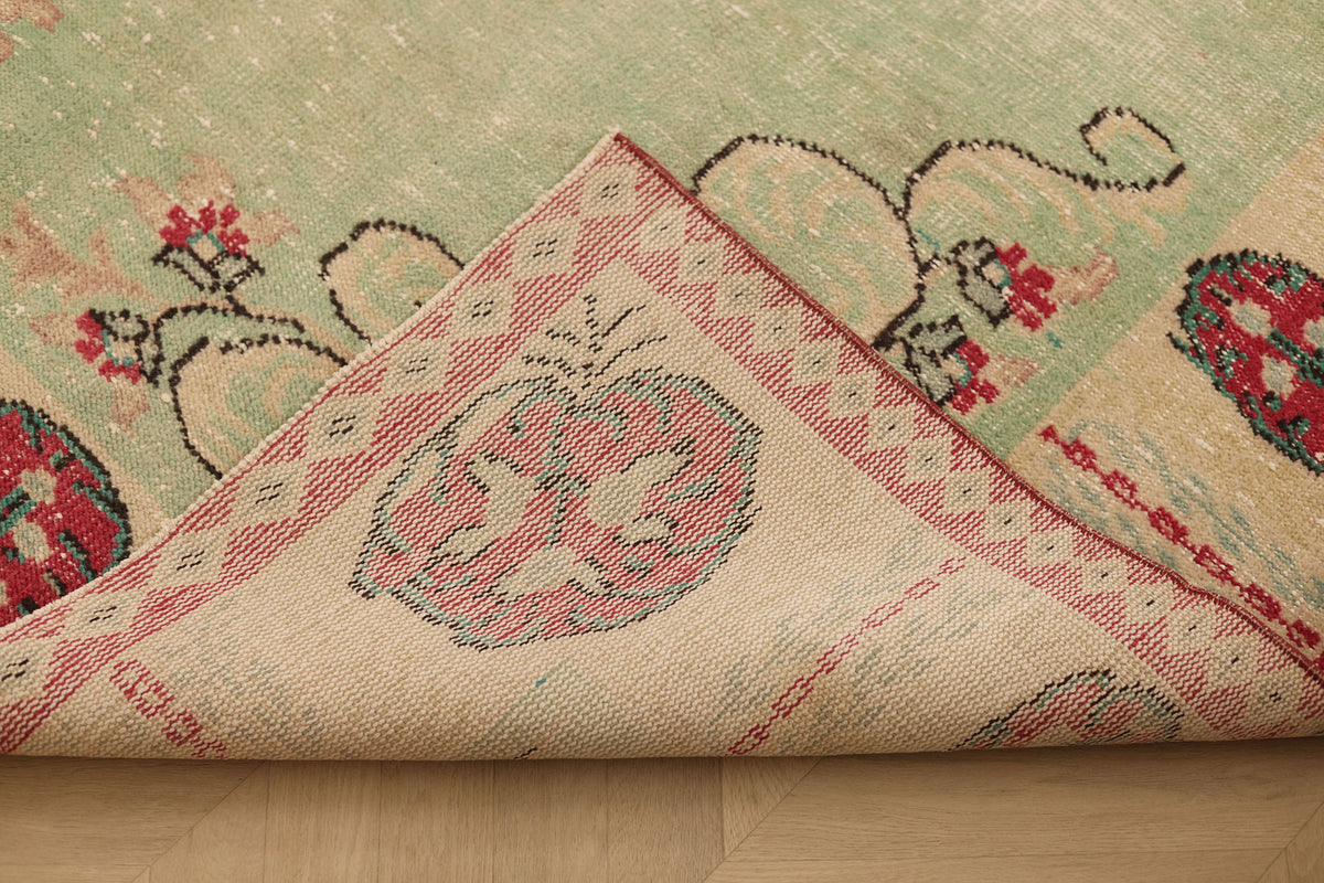 Vintage Manisa Turkish Area Rug 6x9 ft — Green & Beige Floral