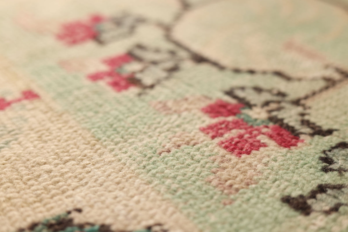 Vintage Manisa Turkish Area Rug 6x9 ft — Green & Beige Floral