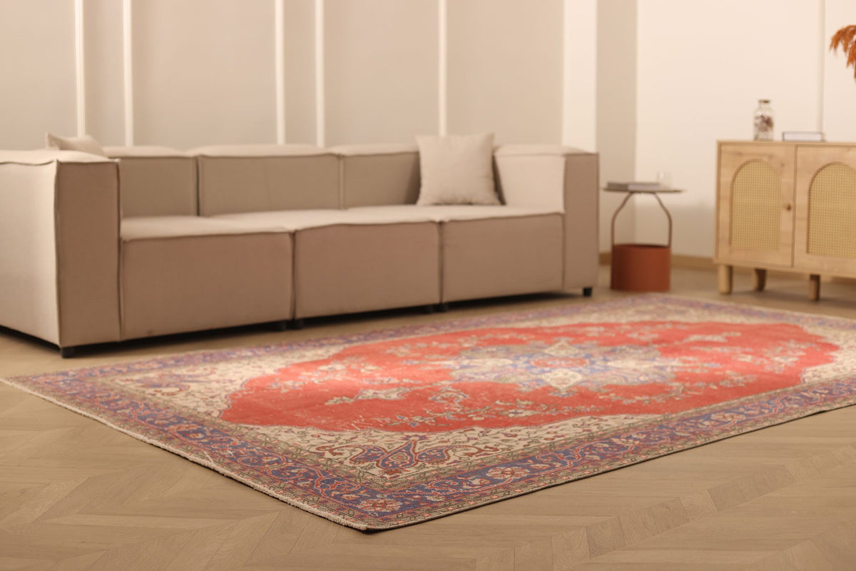 Vintage Isparta Turkish Area Rug 7x11 ft — Red & Blue Floral
