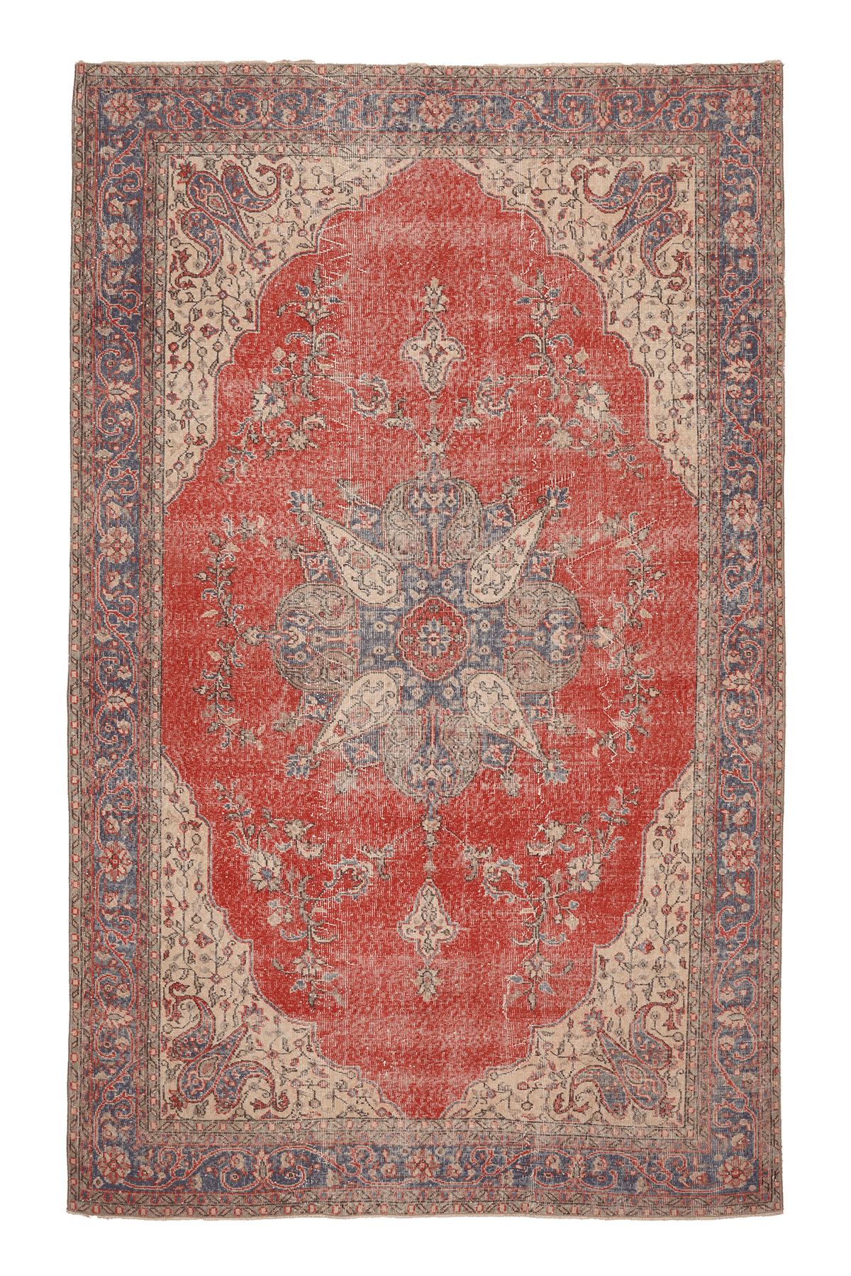 Vintage Isparta Turkish Area Rug 7x11 ft — Red & Blue Floral