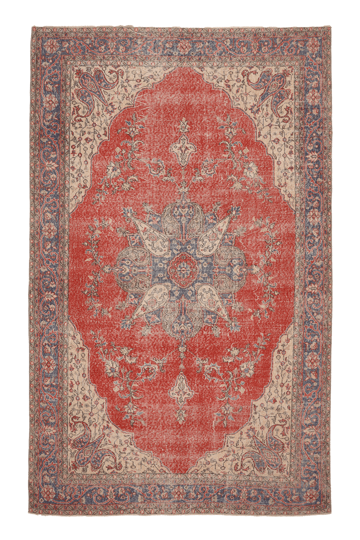 Vintage Isparta Turkish Area Rug 7x11 ft — Red & Blue Floral