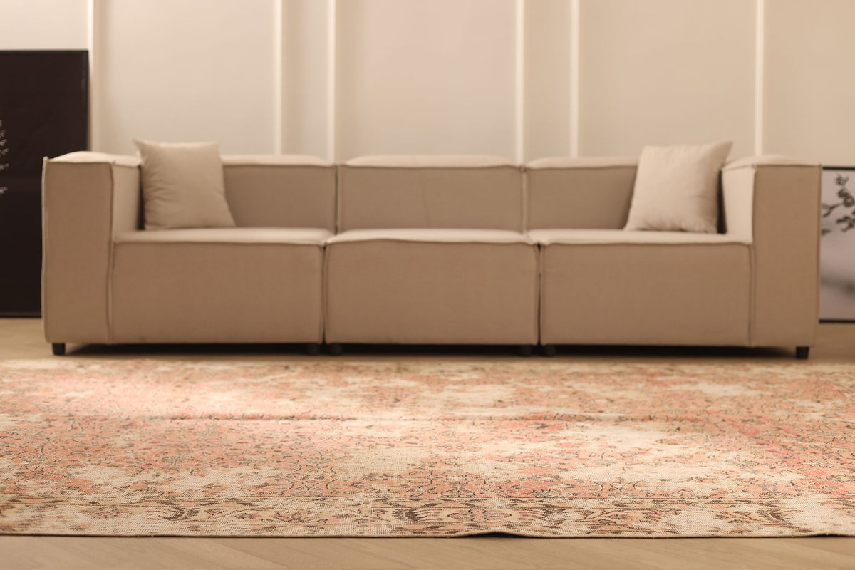 Vintage Isparta Turkish Area Rug 7x11 ft — Beige & Red Floral