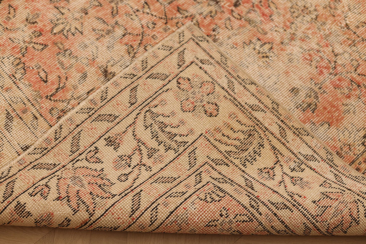 Vintage Isparta Turkish Area Rug 7x11 ft — Beige & Red Floral