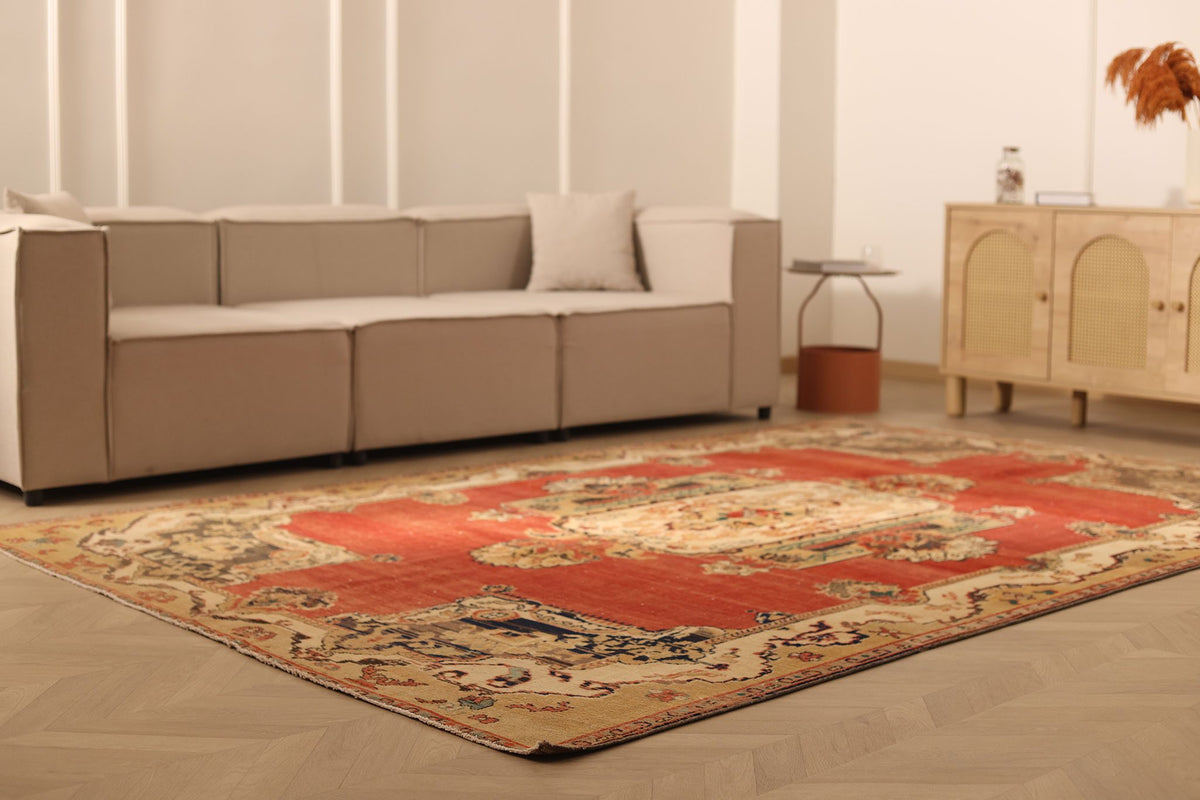 Vintage Sivas Turkish Area Rug 7x10 ft — Red & Beige Distressed