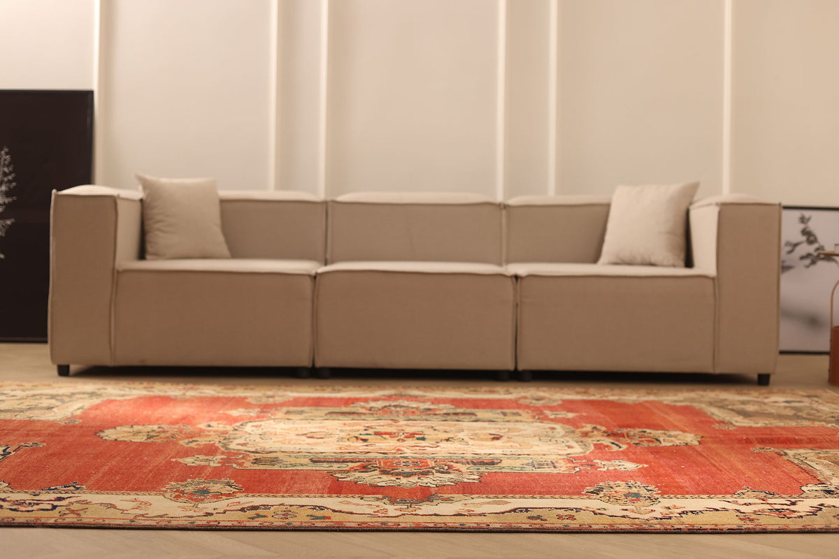 Vintage Sivas Turkish Area Rug 7x10 ft — Red & Beige Distressed