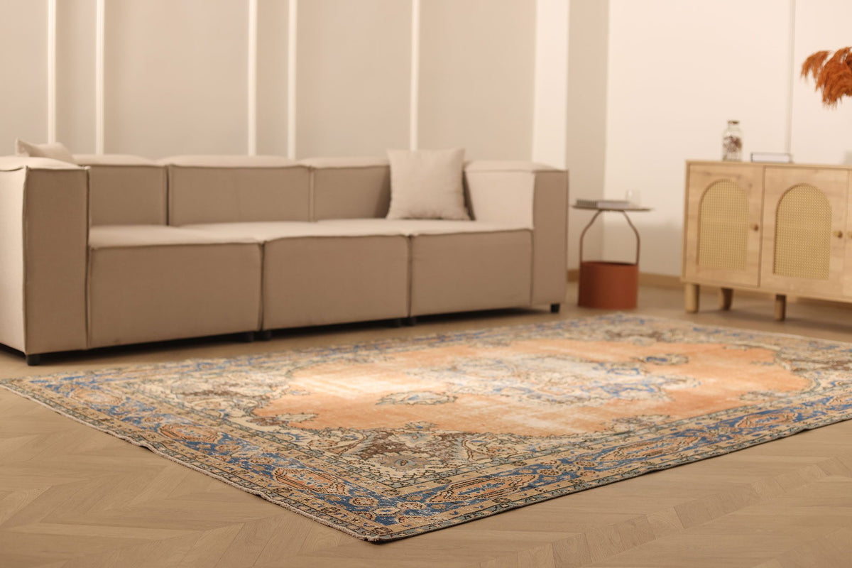 Vintage Isparta Turkish Area Rug 7x10 ft — Orange & Blue Floral