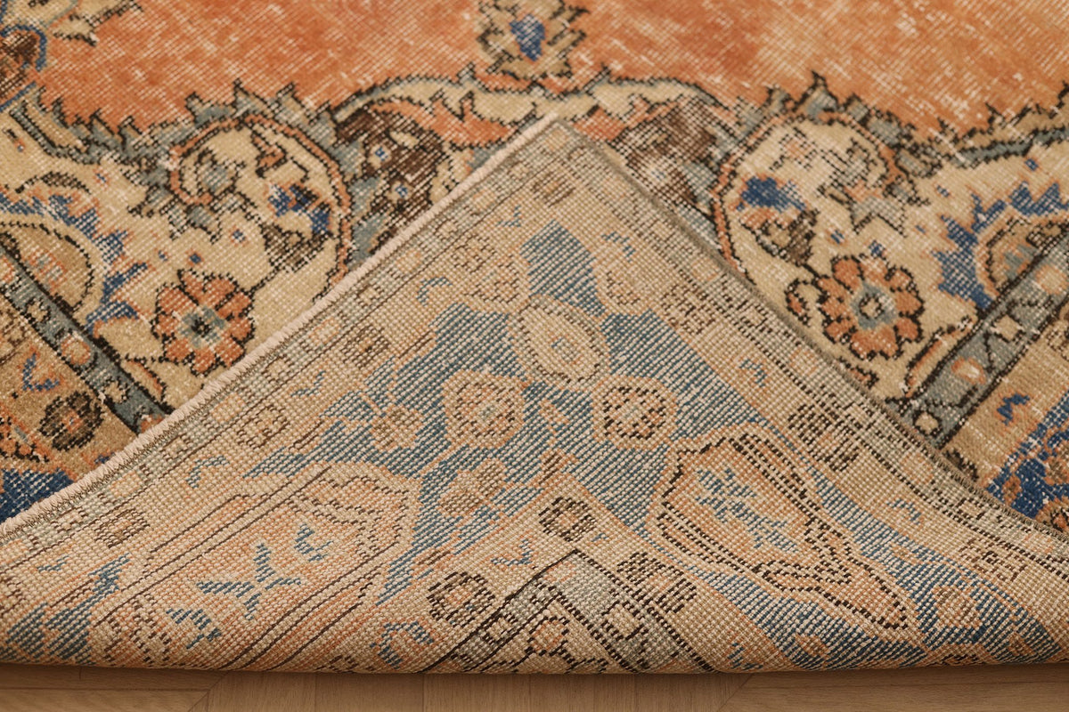 Vintage Isparta Turkish Area Rug 7x10 ft — Orange & Blue Floral