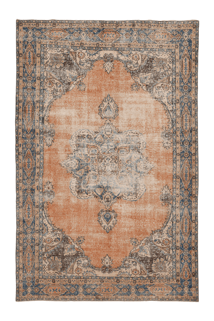 Vintage Isparta Turkish Area Rug 7x10 ft — Orange & Blue Floral