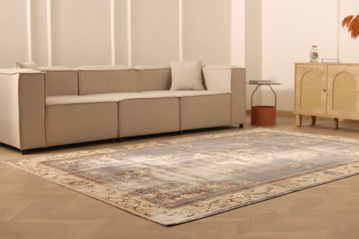 Vintage Isparta Turkish Area Rug 7x10 ft — Gray & Beige Floral