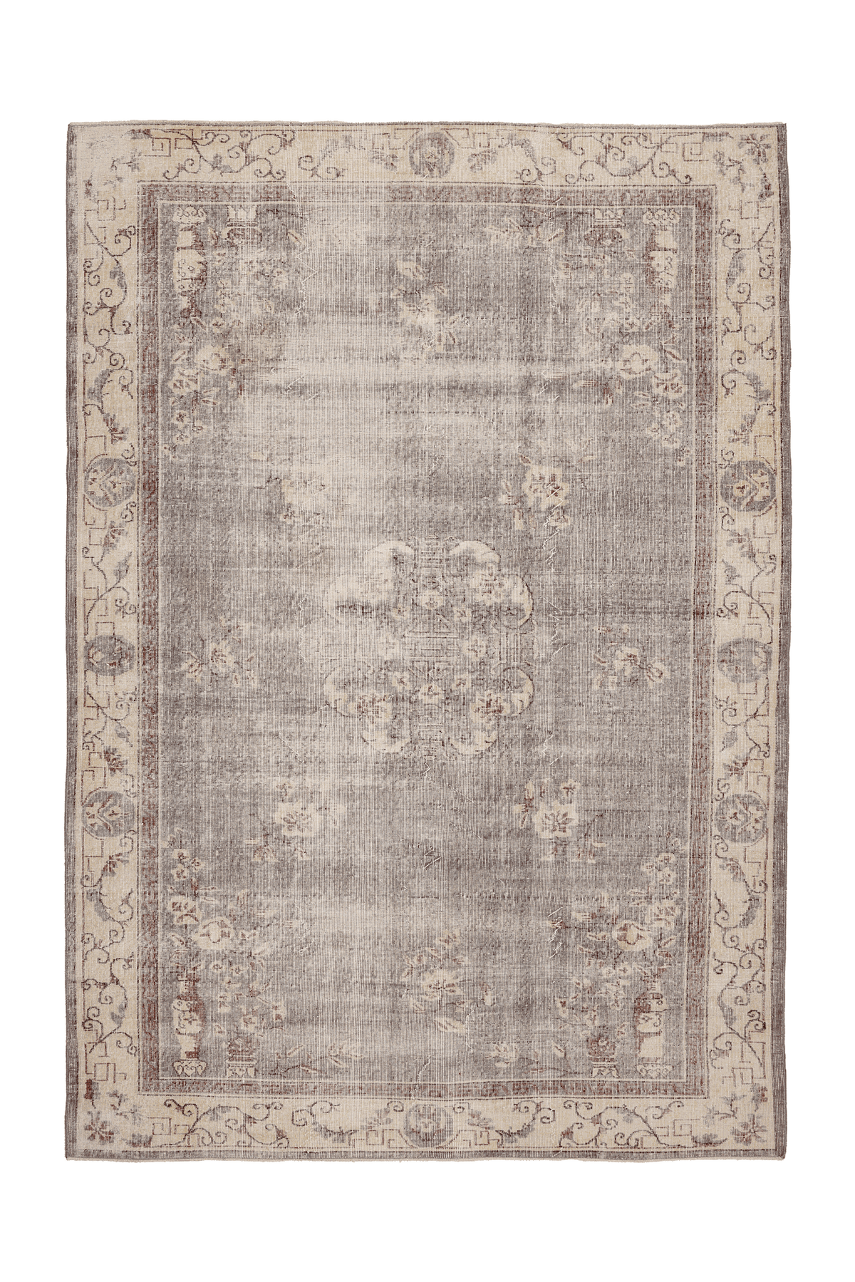 Vintage Isparta Turkish Area Rug 7x10 ft — Gray & Beige Floral