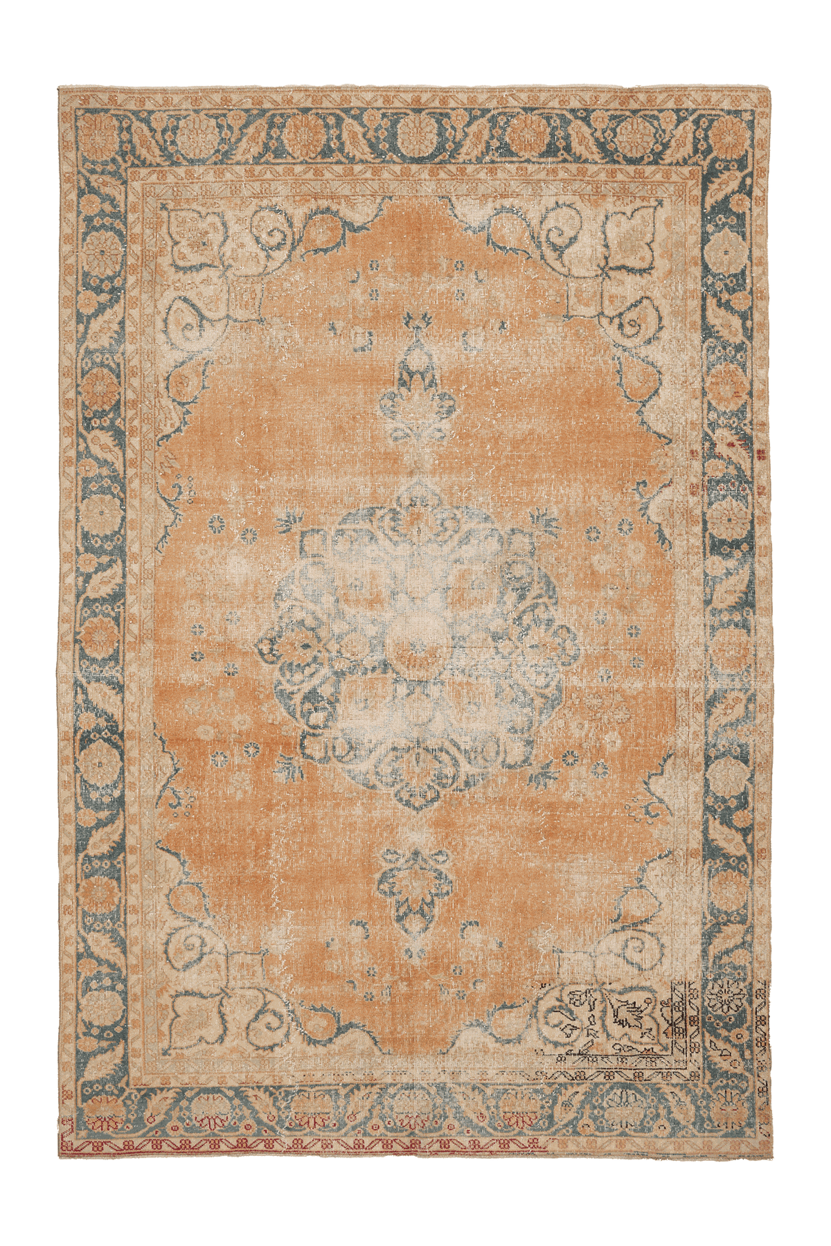 Vintage Isparta Turkish Area Rug 7x10 ft — Orange & Blue Floral
