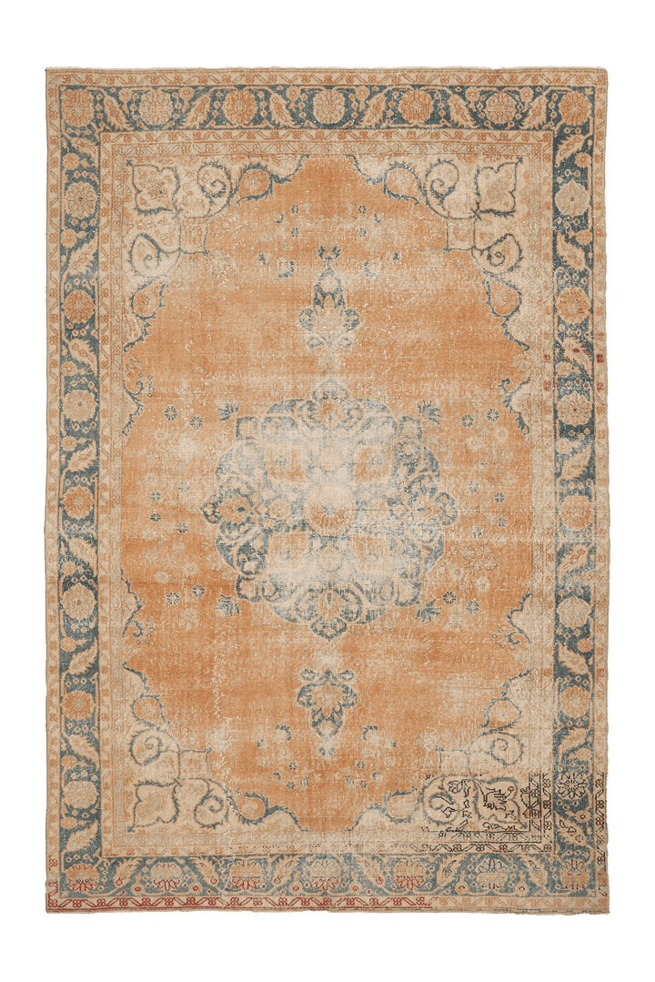Vintage Isparta Turkish Area Rug 7x10 ft — Orange & Blue Floral